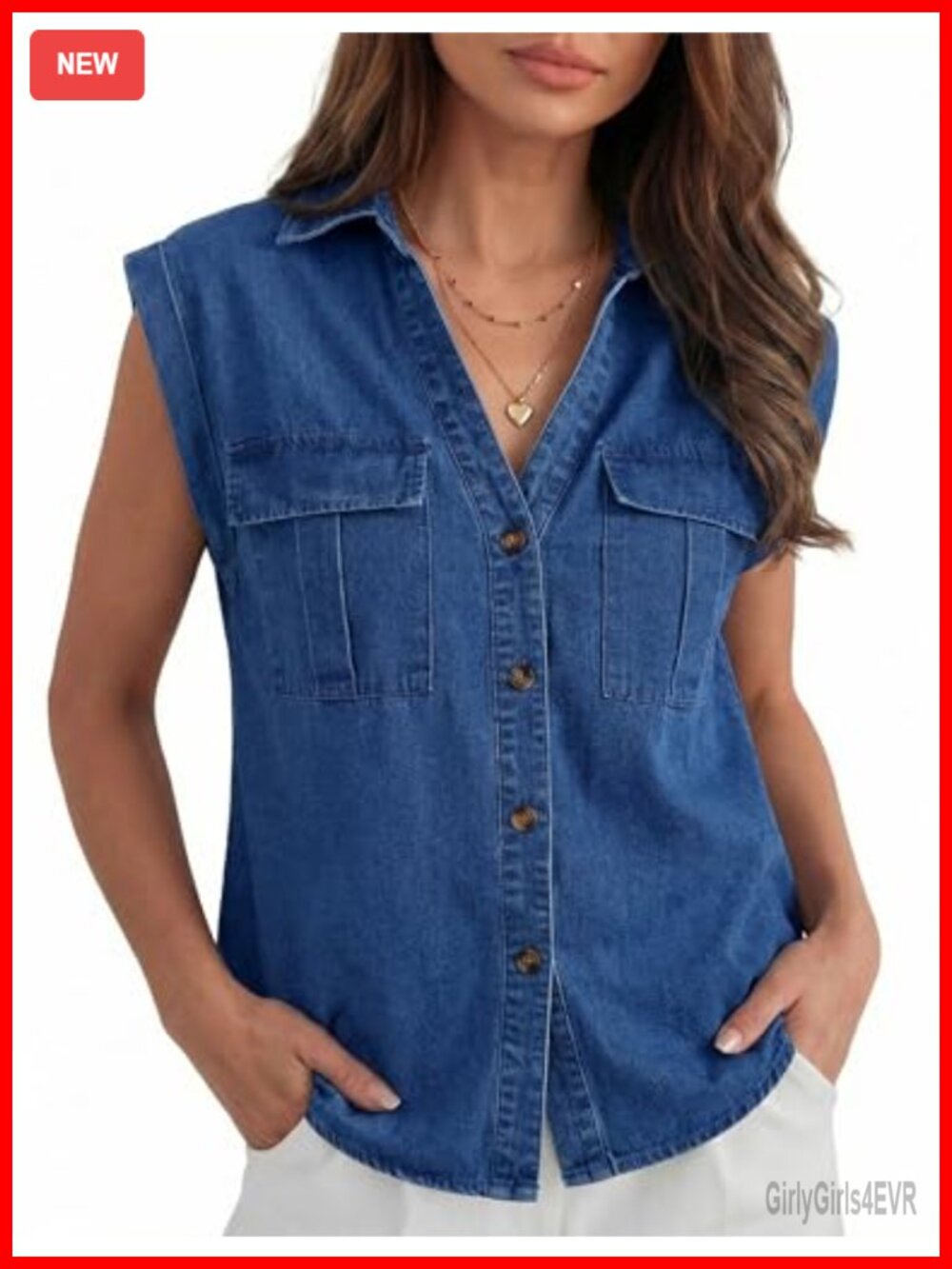 Womens Sleeveless Denim Button Down Shirt V-Neck Cap Sleeve Casual Top